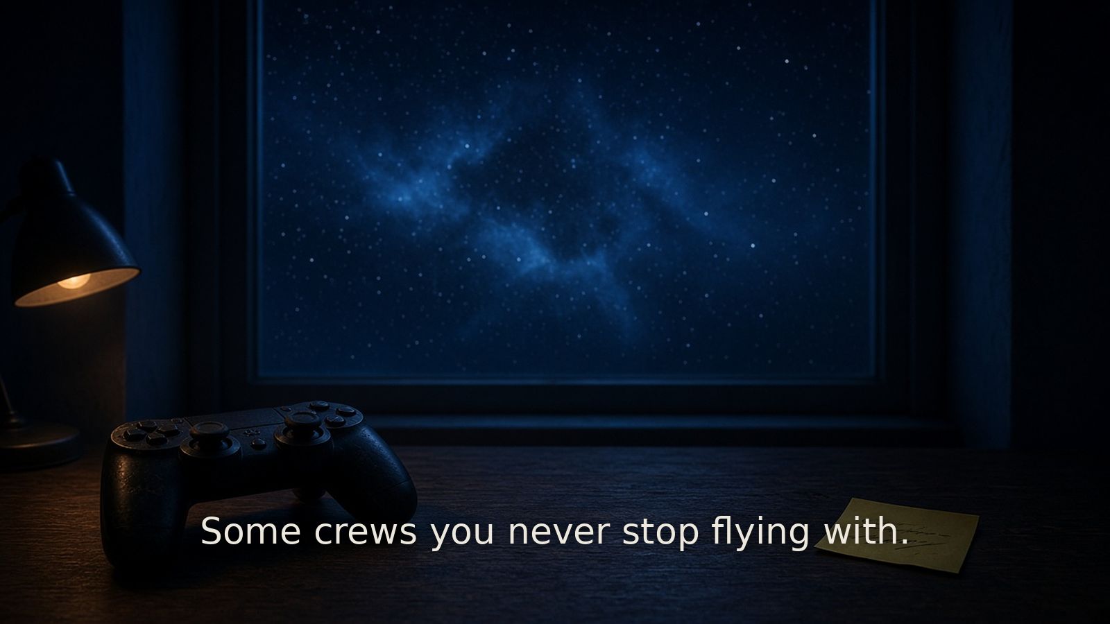 A game controller on a dark desk by a window full of stars